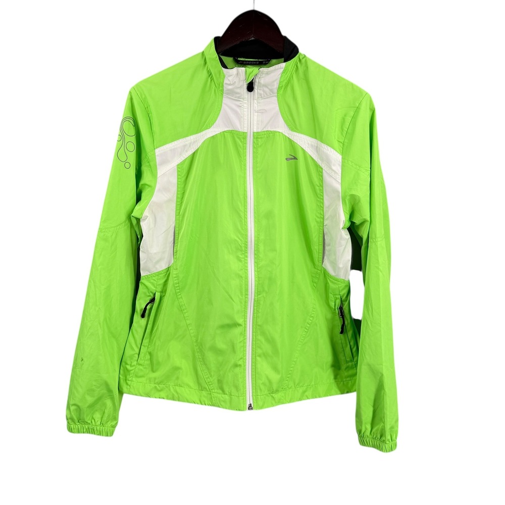 Brooks‎ Womens Running Jacket Green Hi Viz Reflective Windbreaker Vented Medium